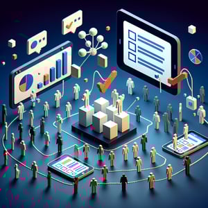 3D voxel art depicting online surveys, set against a dark blue background, representing American community surveys.