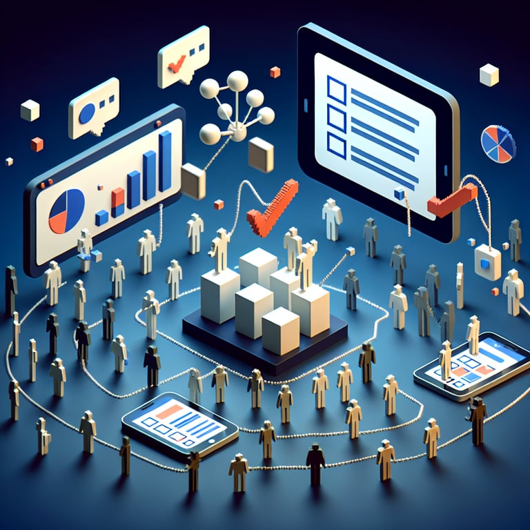 3D voxel art depicting online surveys, set against a dark blue background, representing American community surveys.