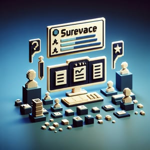 3D voxel art depicting online surveys and questions on a dark blue background for a 360 feedback survey.