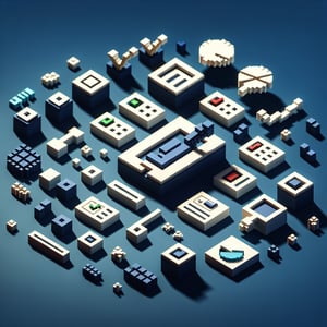 3D voxel art depicting online surveys on a dark blue background, symbolizing intercept survey questions.