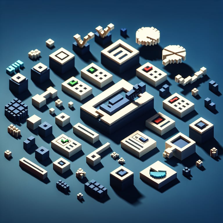 3D voxel art depicting online surveys on a dark blue background, symbolizing intercept survey questions.