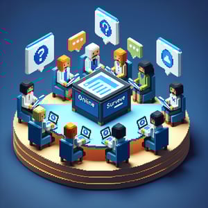 3D voxel art depicting online surveys, symbolizing webinar survey questions on a dark blue background.