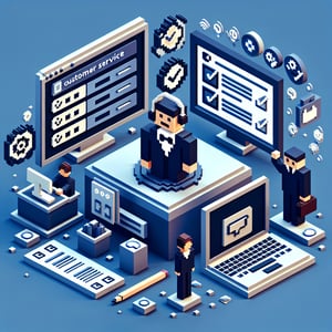 3D voxel art depicting online customer service surveys on a dark blue background.
