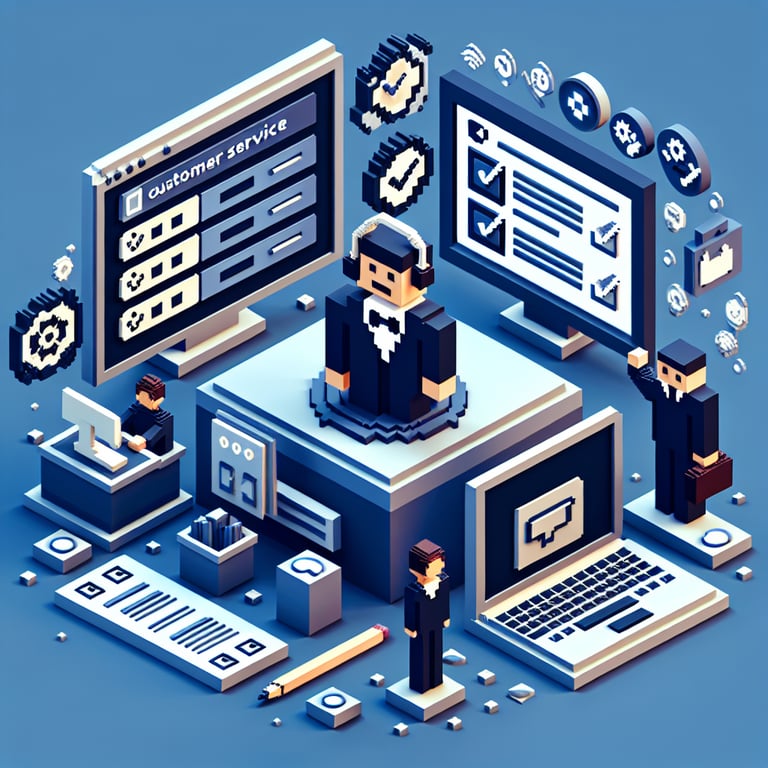 3D voxel art depicting online customer service surveys on a dark blue background.