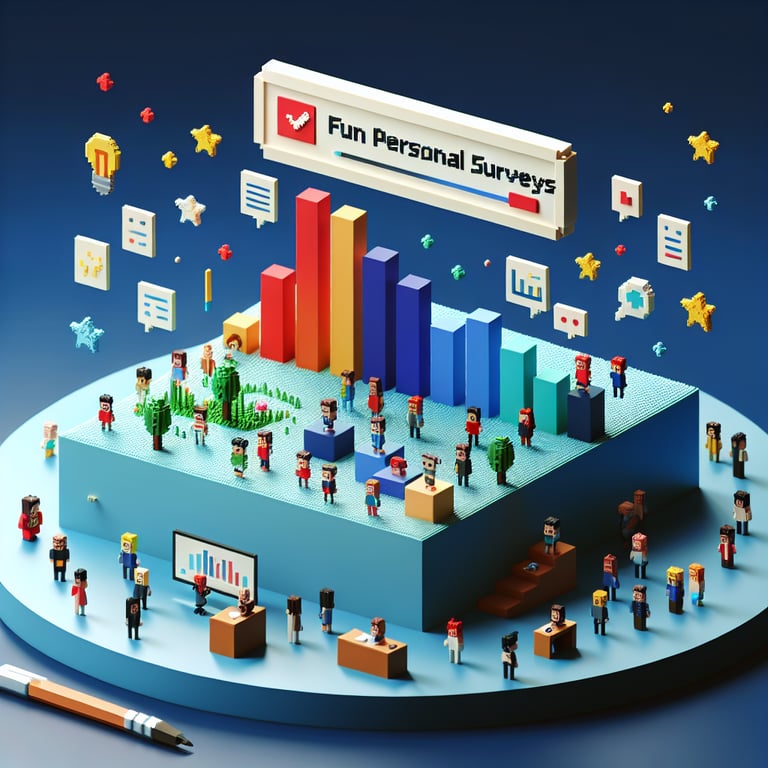 3D voxel art depicting the fun and engaging process of participating in online personal surveys.