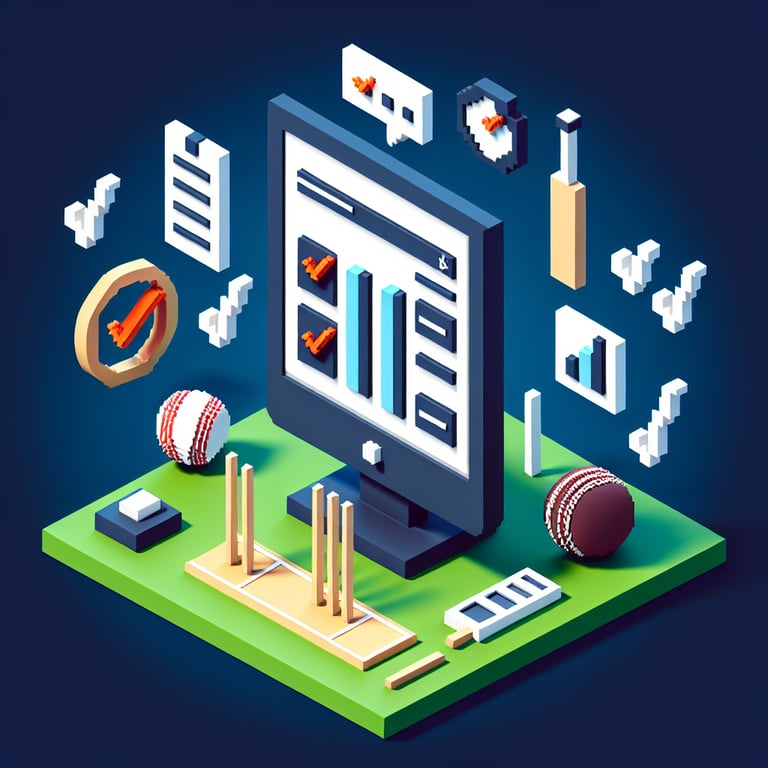3D voxel art depicting online cricket surveys on a dark blue background.