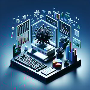 3D voxel art depicting online pandemic survey concept on a dark blue background.