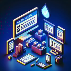3D voxel art of online personal hygiene survey with a dark blue background.
