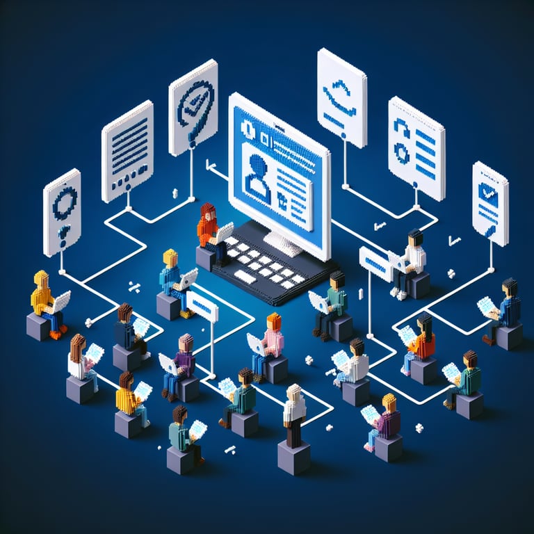 3D voxel art depicting online student surveys, with a dark blue background.