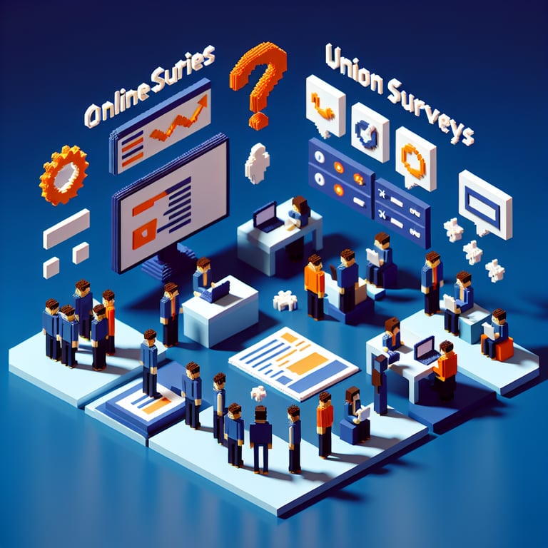 3D voxel art depicting online union survey process on a dark blue background.