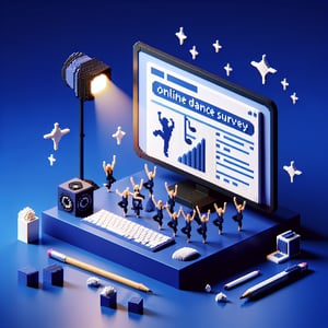 3D voxel art depicting online dance surveys with engaging elements on a dark blue background.