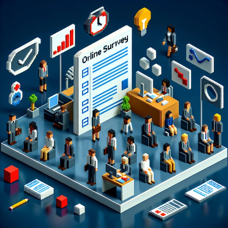 3D voxel art depicting online stress surveys for employee feedback on a dark blue background.