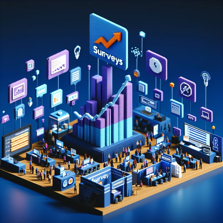 3D voxel art depicting a dynamic trade show exhibitor survey interface