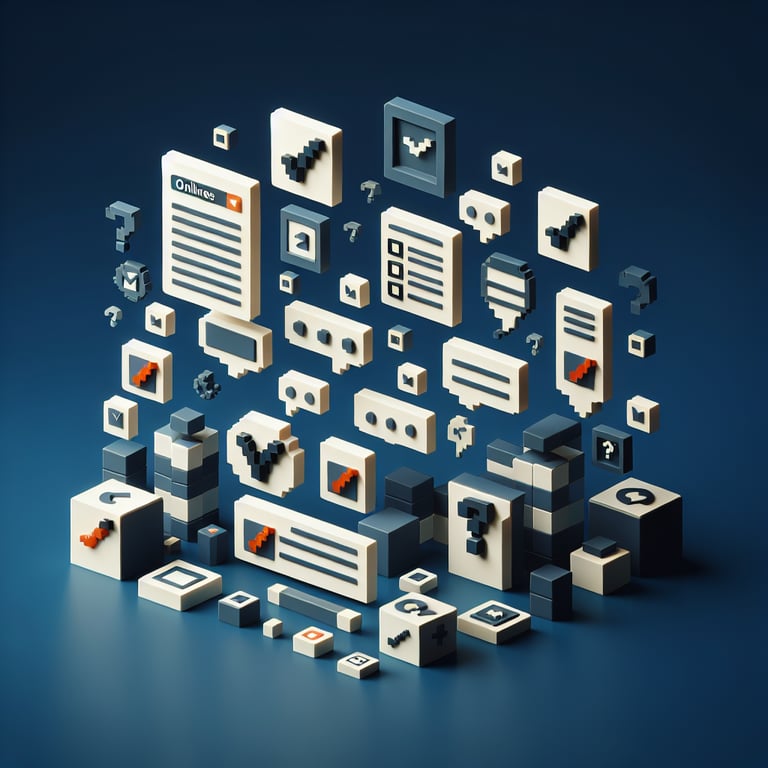 3D voxel art illustrating the concept of online internal branding survey questions on a dark blue background.