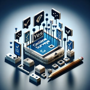3D voxel art depicting online surveys on company cell phone use, set against a dark blue background.