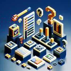 3D voxel art depicting the concept of online surveys and questions on a dark blue background.