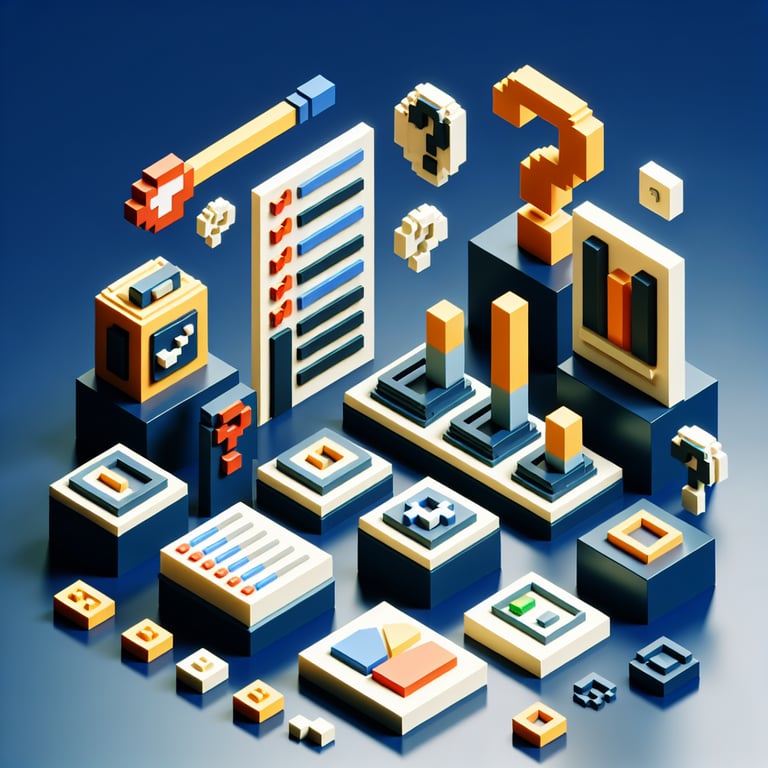 3D voxel art depicting the concept of online surveys and questions on a dark blue background.