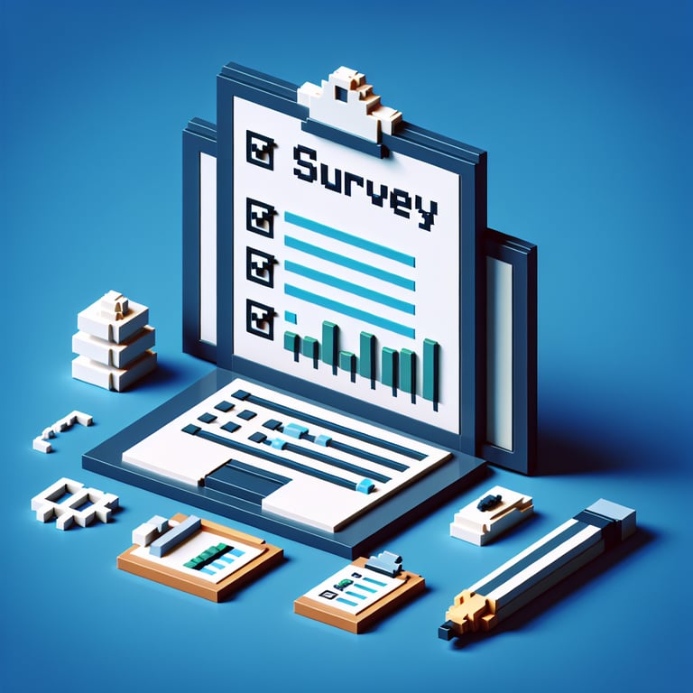 3D voxel art depicting online educational research surveys on a dark blue background.