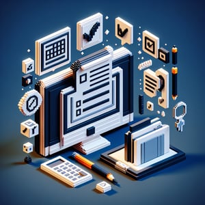 3D voxel art depicting online document management surveys on a dark blue background.