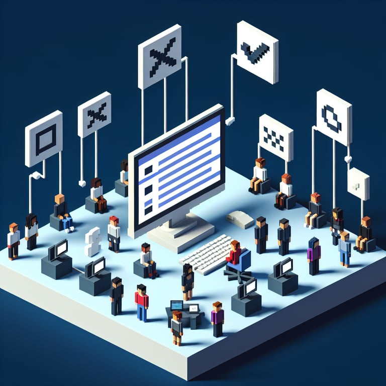 3D voxel art depicting the concept of online customer satisfaction surveys on a dark blue background.