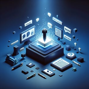 3D voxel art depicting online post-presentation surveys on a dark blue background.