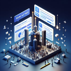 3D voxel art depicting online surveys on a dark blue background, symbolizing sister surveys.