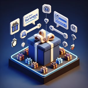 3D voxel art depicting online gift surveys on a dark blue background.