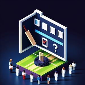 3D voxel art of a cricket bat, ball, and online survey icon on a dark blue background.