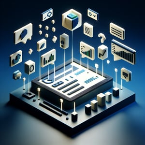 3D voxel art depicting online educational background surveys against a dark blue backdrop.