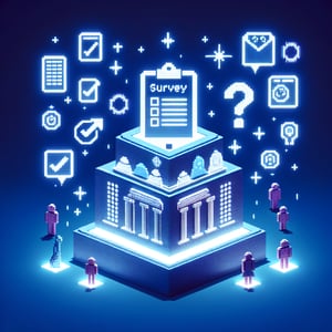 3D voxel art depicting online surveys, set against a dark blue background, representing campus event survey questions.