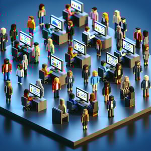 3D voxel art depicting online diversity surveys in a workplace setting with a dark blue background.