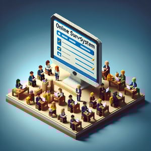 3D voxel art of online surveys concept on a dark blue background for employee satisfaction.