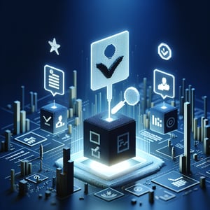 3D voxel art depicting online surveys and questions for trainer feedback on a dark blue background.