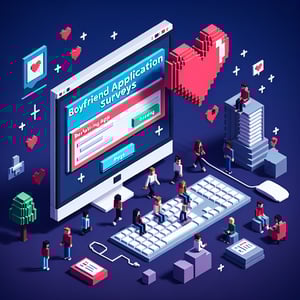 3D voxel art depicting online boyfriend application surveys on a dark blue background.