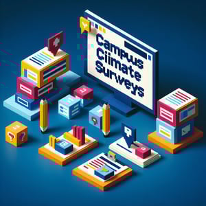 3D voxel art depicting online campus climate surveys with a dark blue background.