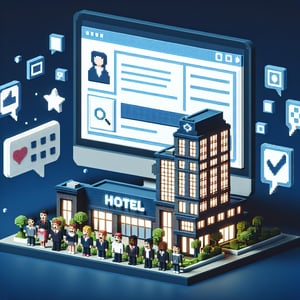3D voxel art depicting online hotel customer satisfaction surveys on a dark blue background.