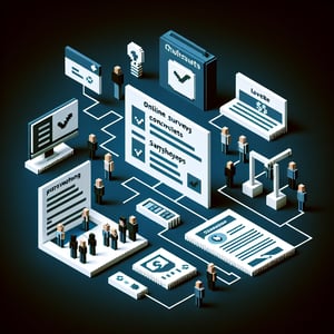 3D voxel art depicting online survey concept with a focus on payroll system queries on a dark blue background.