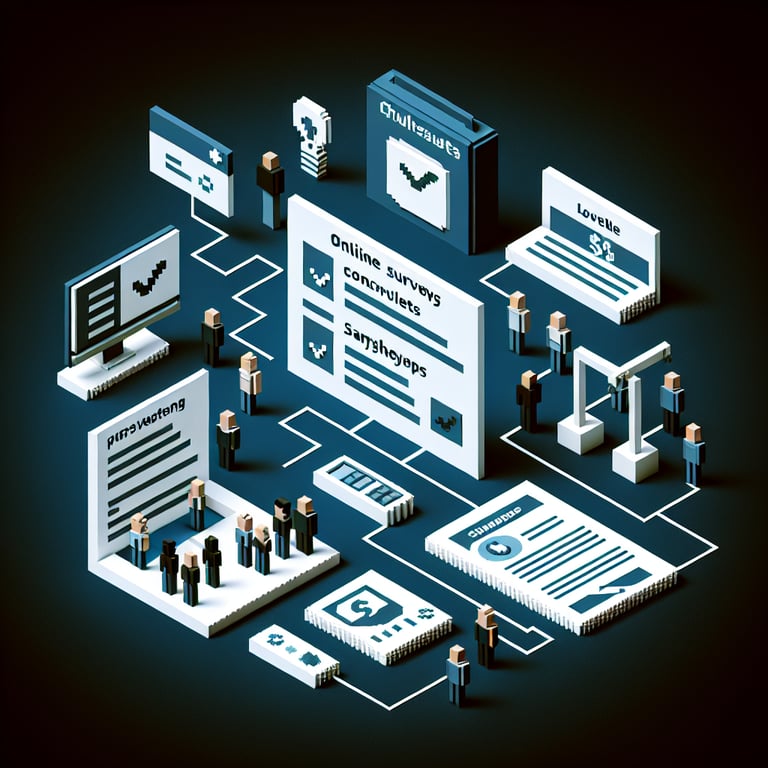 3D voxel art depicting online survey concept with a focus on payroll system queries on a dark blue background.