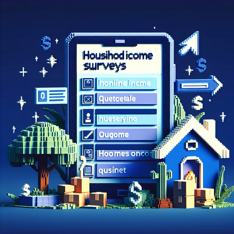 3D voxel art depicting the concept of online household income survey questions on a dark blue background.