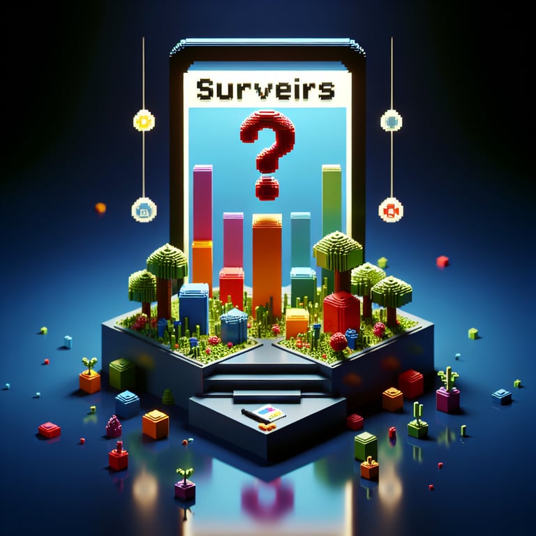 3D voxel art of online surveys on a dark blue background, representing iCass customer satisfaction surveys.