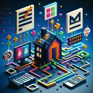 3D voxel art depicting online surveys, representative of British household panel surveys on a dark blue background.