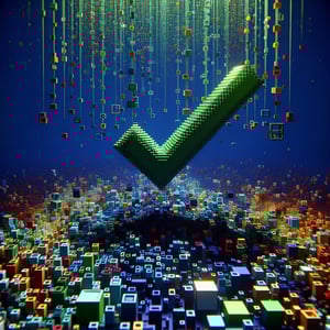 3D voxel art depicting online surveys and questions on a dark blue background for post-training class survey.