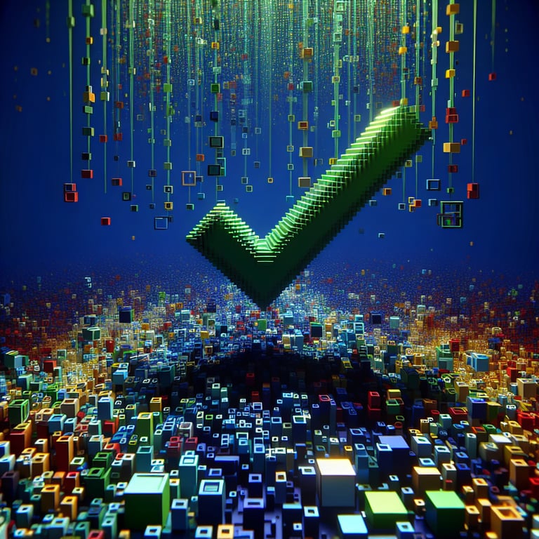 3D voxel art depicting online surveys and questions on a dark blue background for post-training class survey.