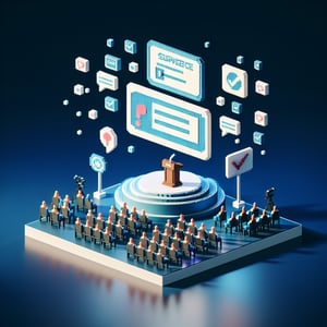 3D voxel art depicting online surveys, with dark blue background, suitable for generic event survey landing page.