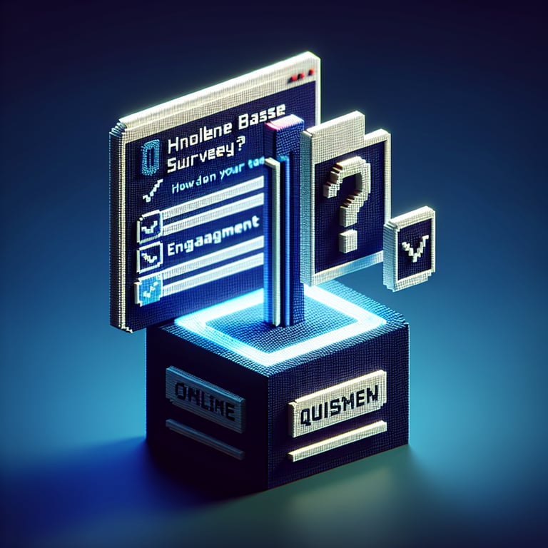 3D voxel art depicting online surveys concept on a dark blue background for knowledge base surveys.