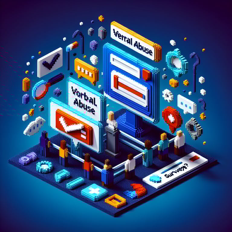 3D voxel art depicting online surveys on a dark blue background, symbolizing verbal abuse surveys.