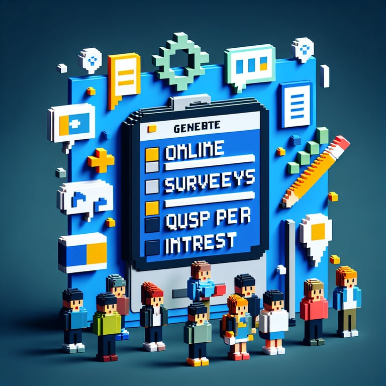 3D voxel art depicting online surveys, appealing to students, against a dark blue background.