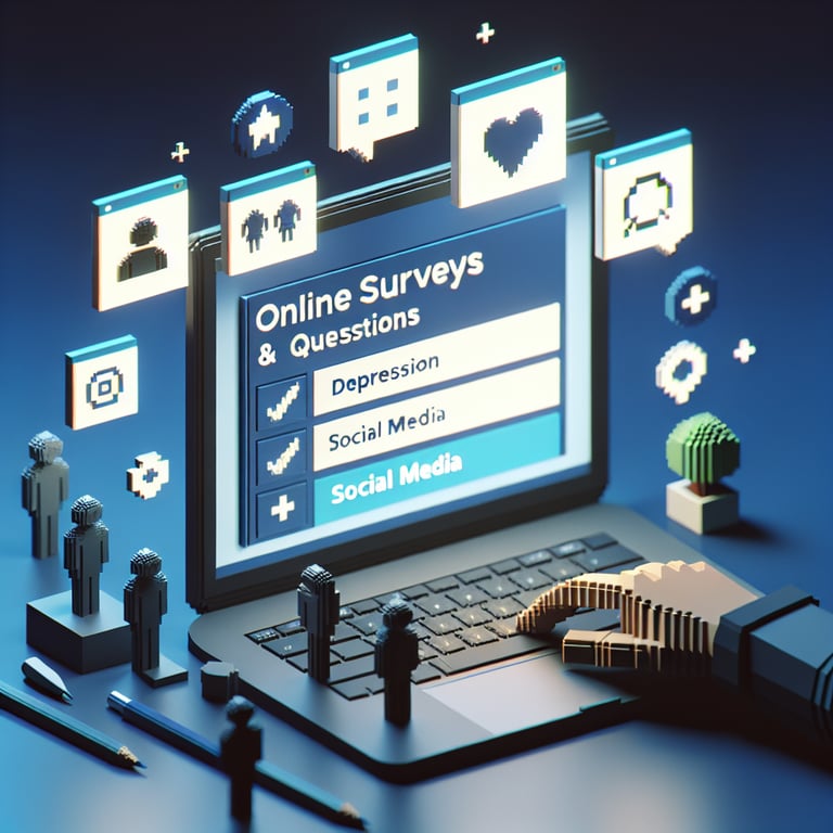 3D voxel art depicting online depression and social media assessment surveys on a dark blue background.