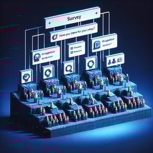 3D voxel art depicting online surveys on occupation options, set against a dark blue background.