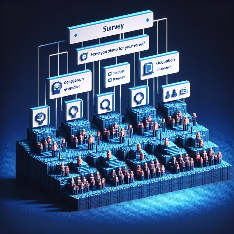3D voxel art depicting online surveys on occupation options, set against a dark blue background.